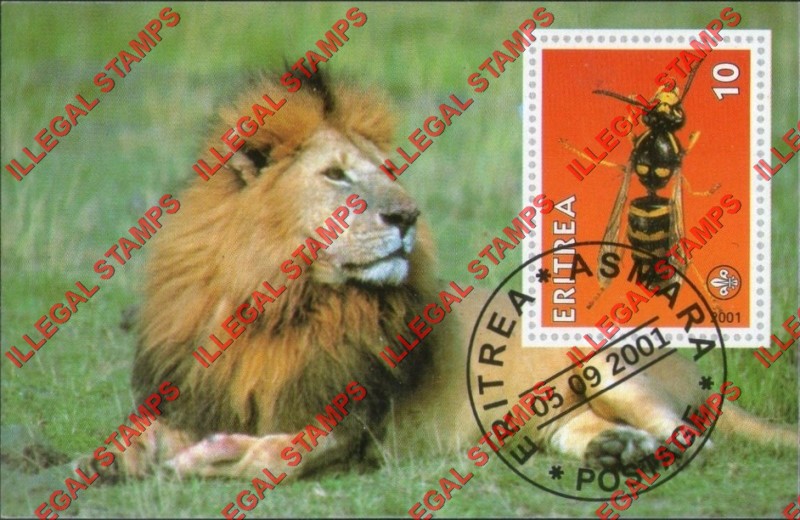 Eritrea 2001 Wasp Lion Counterfeit Illegal Stamp Souvenir Sheet of 1 Eritrea 2001 Wasp Lion Counterfeit Illegal Stamp Souvenir Sheet of 1